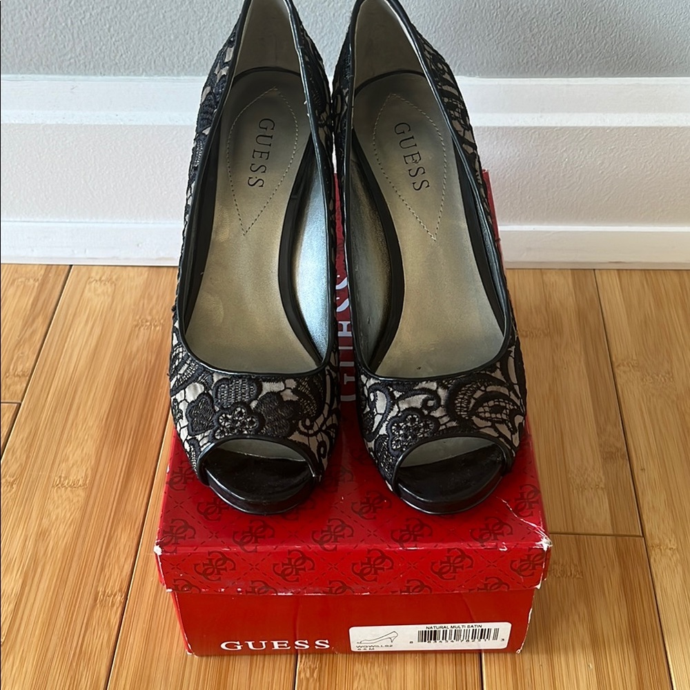 GUESS Black Lace Peep Toe Heels